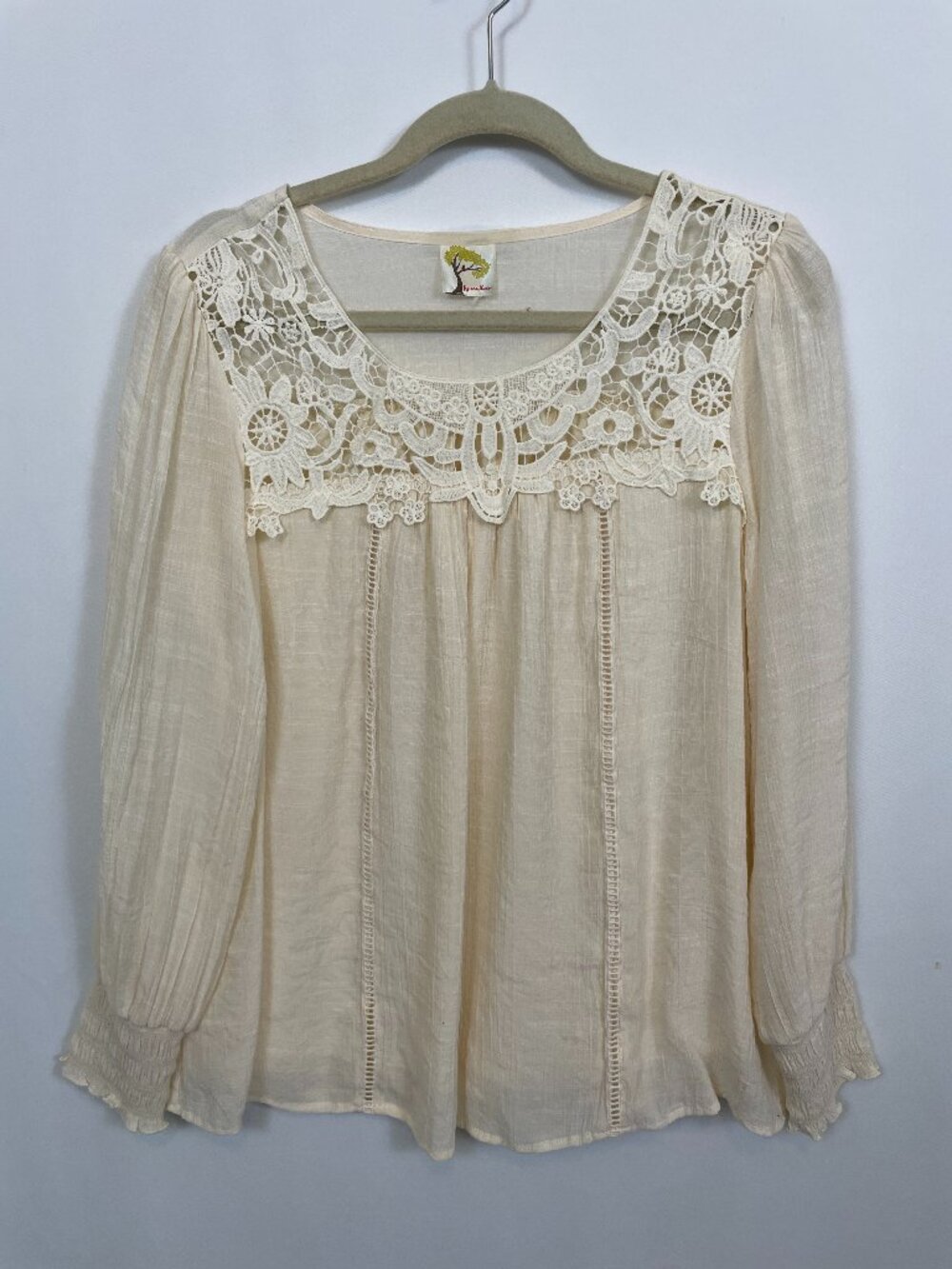 Fig & Flower Cream Lace Yoke Boho Peasant Blouse Long Sleeve Size: M